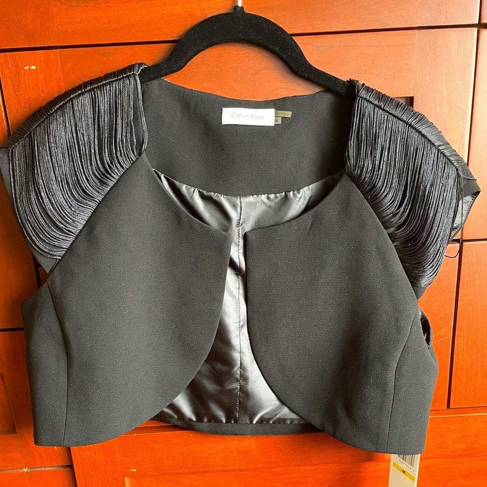 CALVIN KLEIN Black Crepe Fringe Crop Jacket/Bolero NWT - Size M